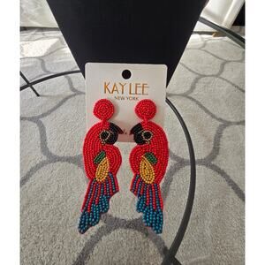 Kay Lee Red Bird Beaded Earrings New